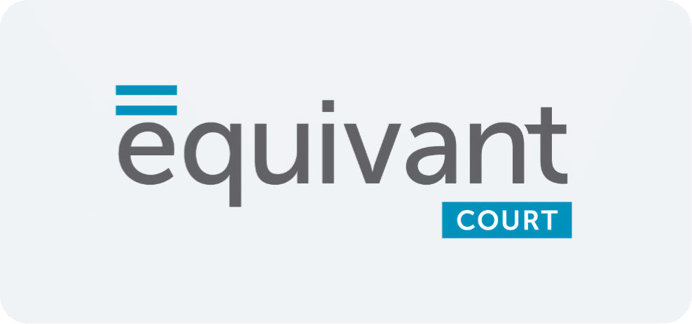 The equivant Court logo. Equivant is in large gray letters with a blue equal sign above the e. Court is in smaller white letters in a blue box under equivant.