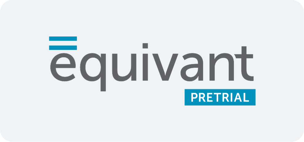 The equivant Pretrial logo. Equivant is in large gray letters with a blue equal sign above the e. Pretrial is in smaller white letters in a blue box under equivant.