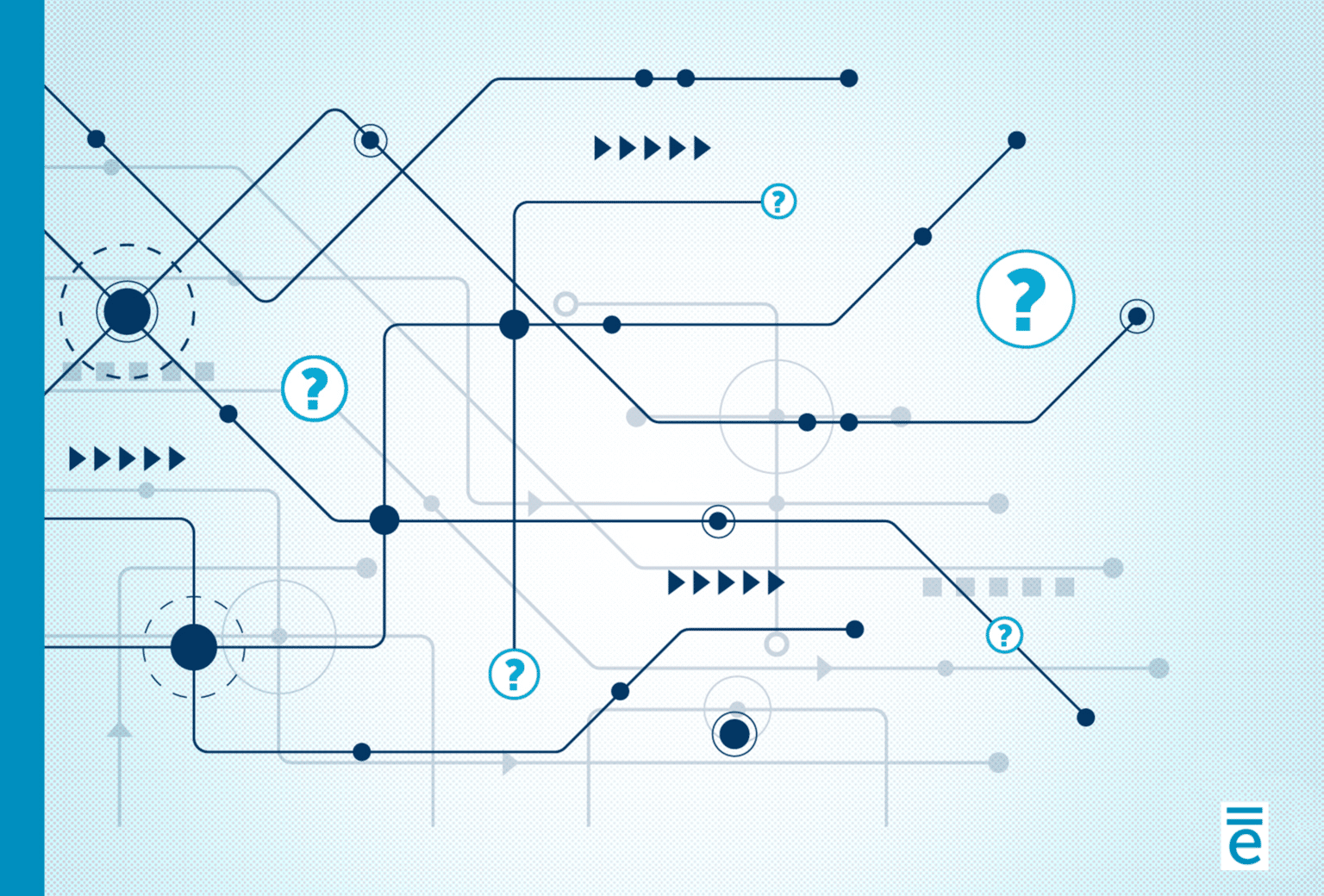 Dark blue technological wires going in various directions on a light blue background. Mixed in the wires are light blue question mark icons. The equivant logo appears in the bottom right corner of the image.