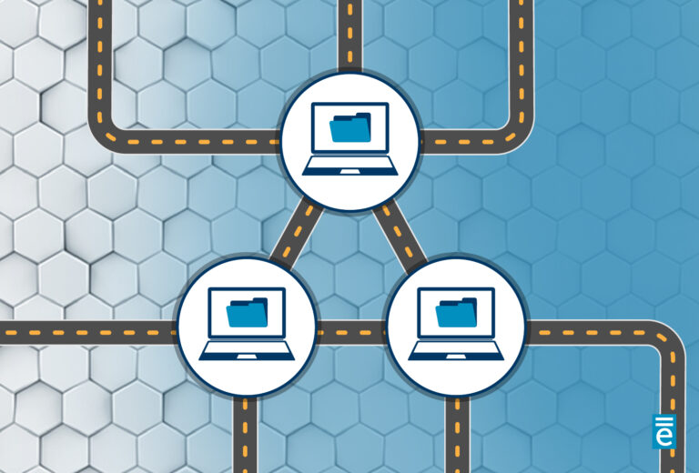 A web of black lines with yellow dashes made to resemble a road. The lines are connected in the middle by 3 blue laptops with a folder on the screen. Each laptop appears in a circle. The black lines that connect the laptops form a triangle. The equivant logo appears in the bottom right of the image.