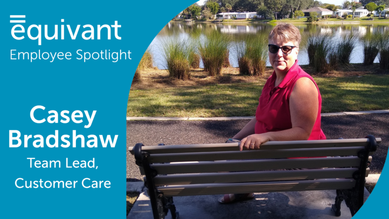 A light blue background on the left with white text that reads "Employee Spotlight. Casey Bradshaw Team Lead, Customer Care". The equivant logo appears in the top left corner of the image. On the right side of the image is a picture of Casey Bradshaw smiling on a park bench with a pond and bushes in the background.