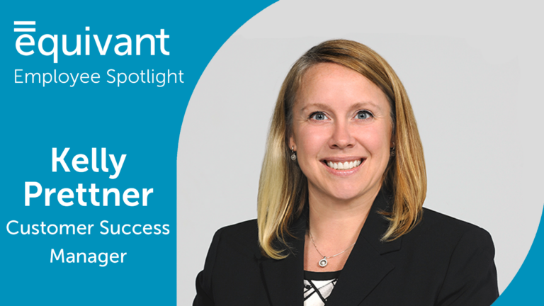 A light blue background on the left with white text that reads "Employee Spotlight. Kelly Prettner Customer Success Manager". The equivant logo appears in the top left corner of the image. On the right side of the image is a headshot of Kelly Prettner.