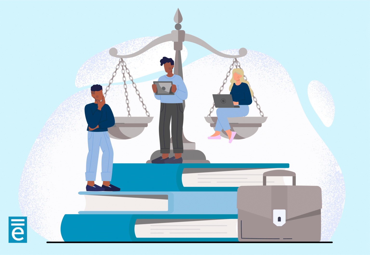 An illustration of the Scale of Justice sitting on top of three blue books with a grey business satchel to the bottom right. On the books, an animated man stands to the left and in the center. An animated woman sits on the right scale with her laptop. The equivant logo appears in the bottom left of the image.