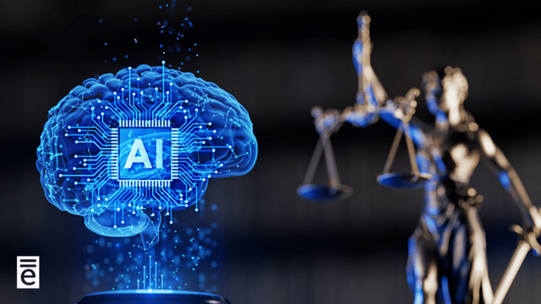 AI pillar page lady justice in the background image of brain with AI and data connections in the forefront