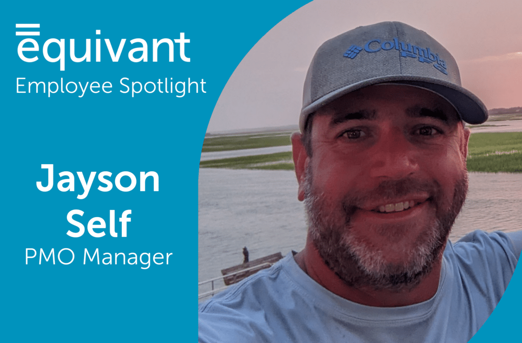 A light blue background on the left with white text that reads "Employee Spotlight. Jayson Self. PMO Manager". The equivant logo appears in the top left corner of the image. On the right side of the image is a headshot of Jayson Self.