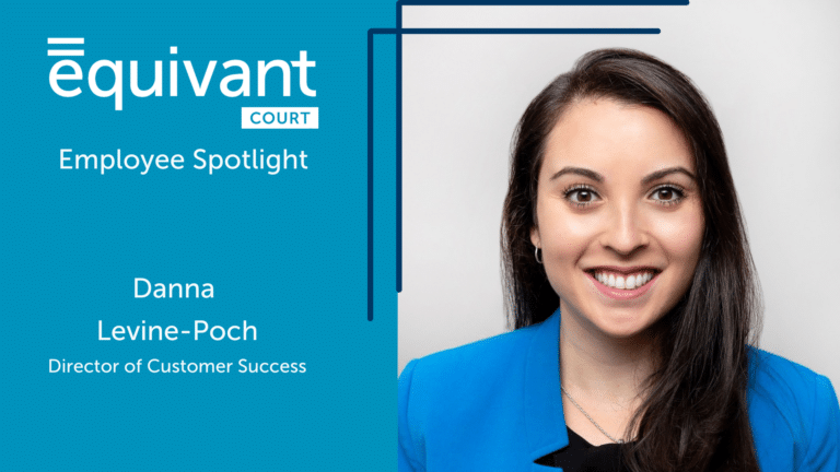 Equivant's logo on a blue background with the words "Danna Levine-Poch, Director of Customer Success." A picture of Danna is included on the right side of the text.