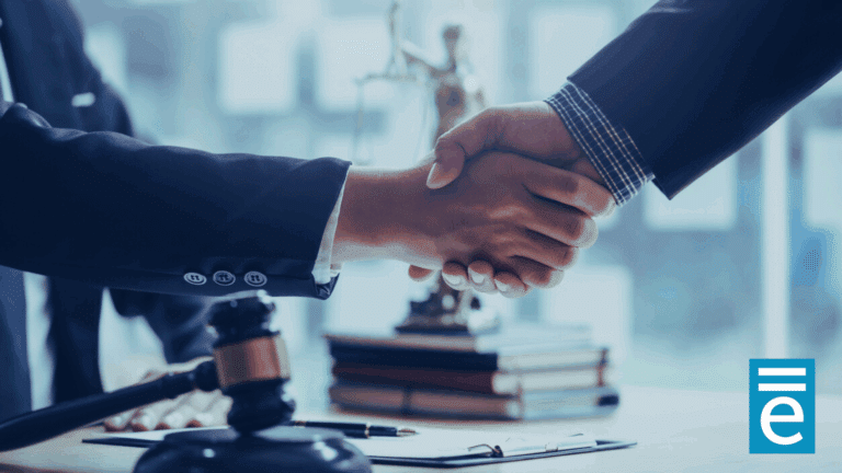 A close-up photo of two people in business suits shaking hands. The photo has a blue filter and the equivant court logo appears in the bottom right corner.