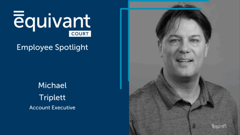 A black and white headshot of Michael Triplett, Account Planner for equivant court. To the left of his headshot, the words "Employee Spotlight" and the equivant court logo appear.
