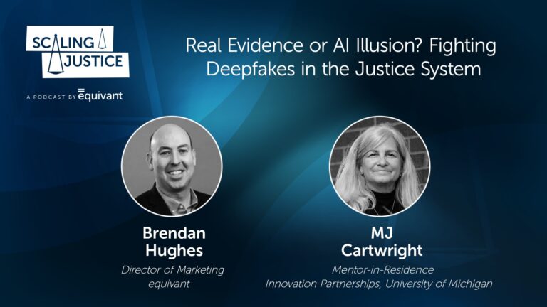 A graphic with a dark blue background with headshots for Brendan Hughes and MJ Cartwright. The "Scaling Justice" podcast logo appears in the top left corner.
