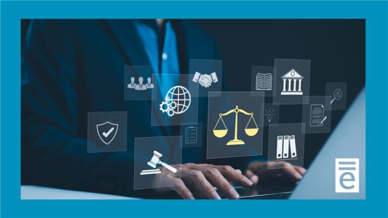 An image of a man typing on a keyboard. From the keyboard, holographic icons of justice symbols illuminate in front of him. The picture has a light blue border and the equivant court logo in the bottom right hand corner.